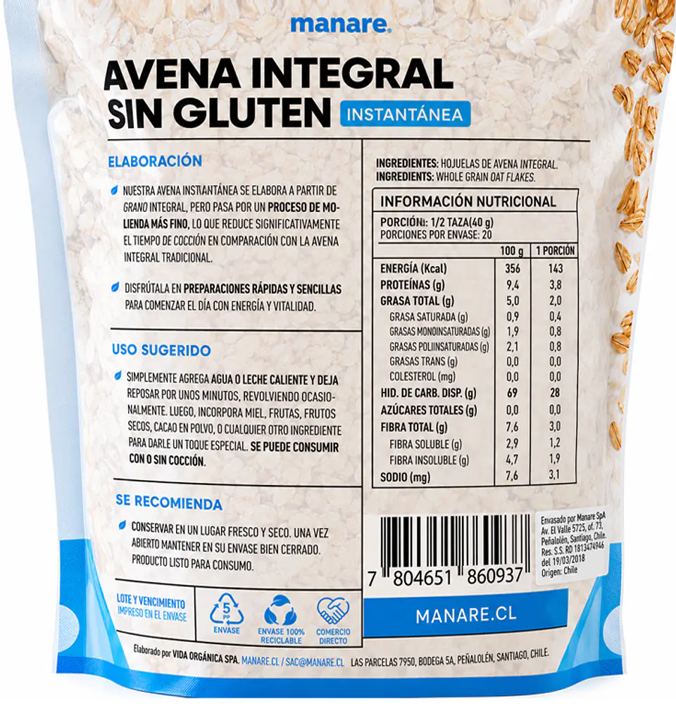 Avena Integral Instantánea Sin Gluten 800 G - Manare 2