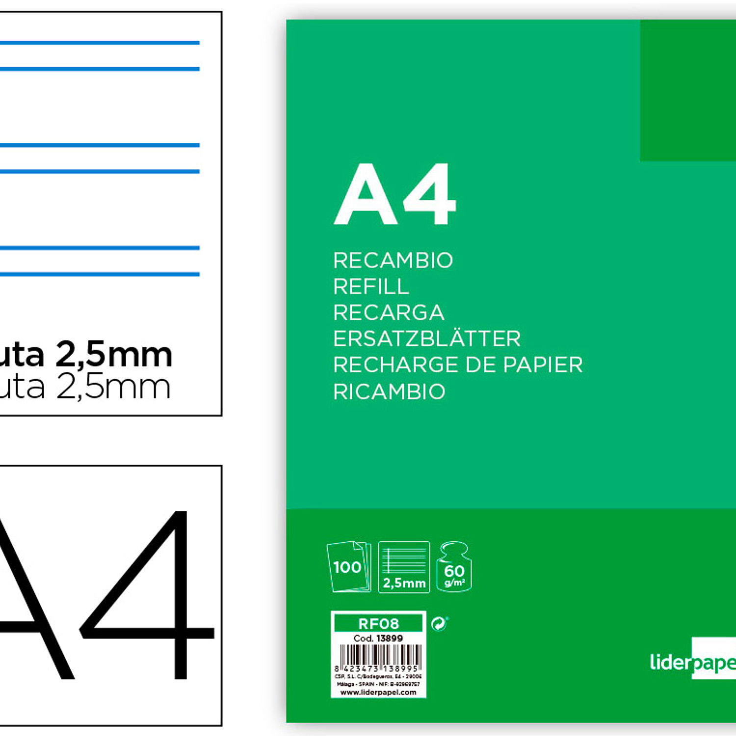 Recarga liderpapel folio 100 f 4tf-03 2 rayas pauta estrecha 4 furos com margem 1