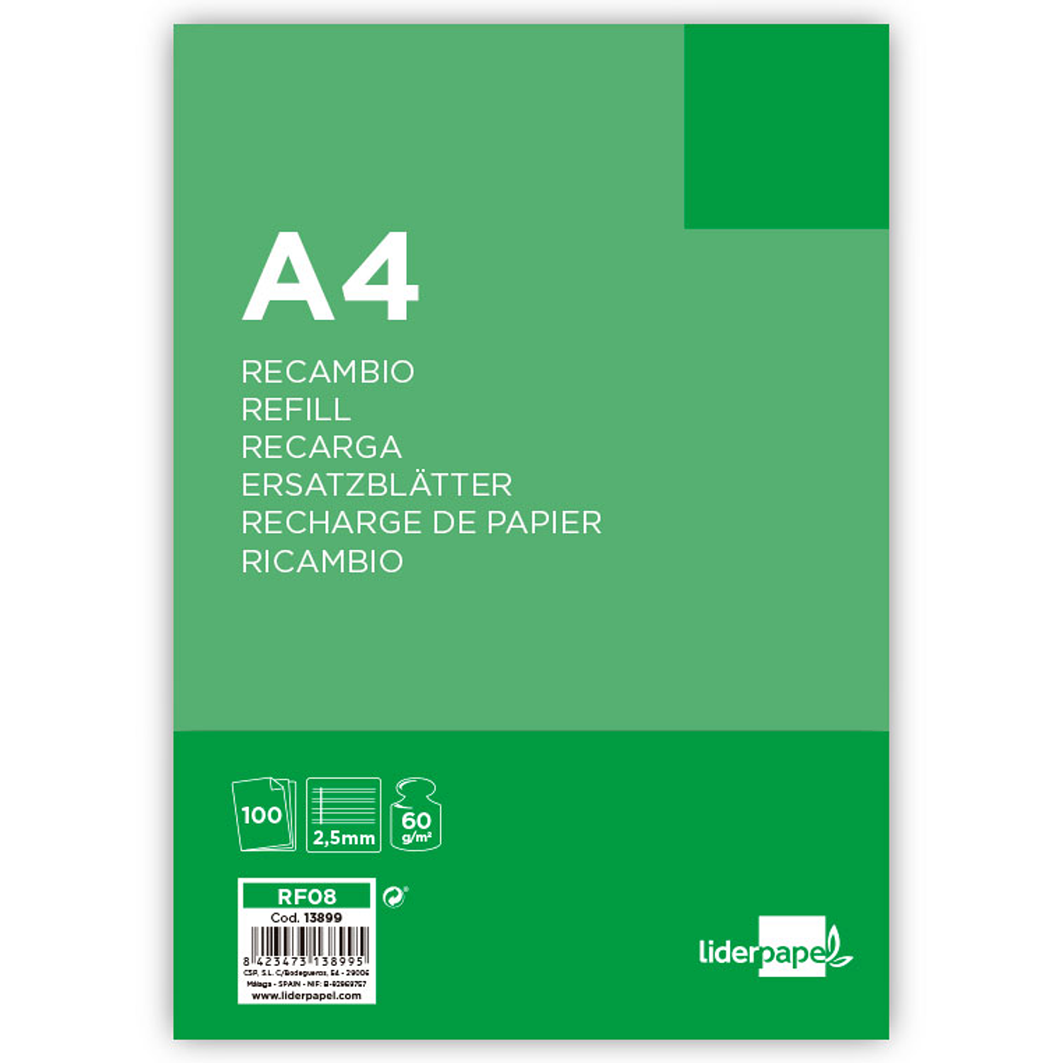 Recarga liderpapel folio 100 f 4tf-03 2 rayas pauta estrecha 4 furos com margem 2