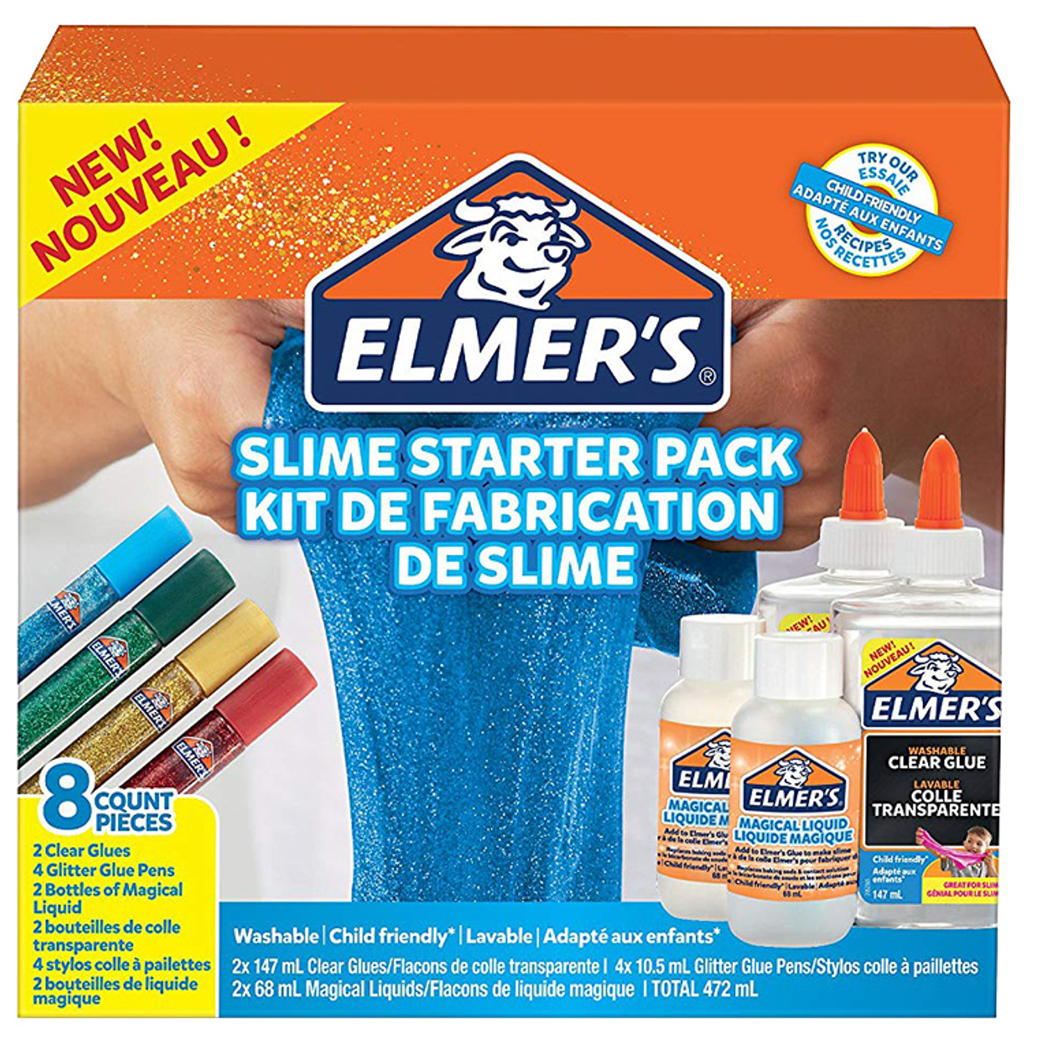 Kit elmers slime com 2 frascos cola transparente + 2 frascos liquido magico + 4 frascos purpurina cores sort 1