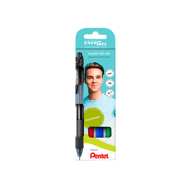 Roller pentel energel bl107 em blister de 4 unidades cores preto, vermelho, azul e verde 2