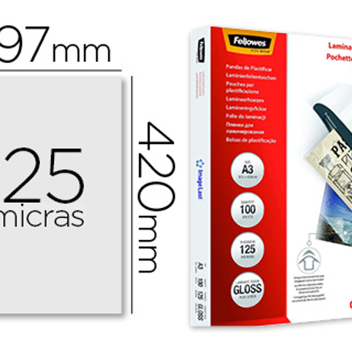 Bolsa de plastificar fellowes brilho din a3 125 microns pack de 100 unidades 1