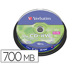 Cd-rw verbatim serl capacidade 700mb velocidade 12x 80 min torre de 10 unidades