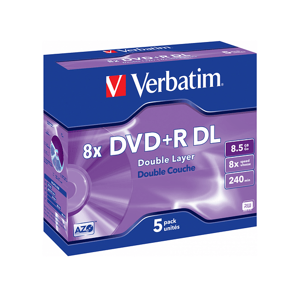 Dvd+r verbatim dupla capa capacidade 8.5gb velocidade 8x 240 min pack de 5 unidades 2