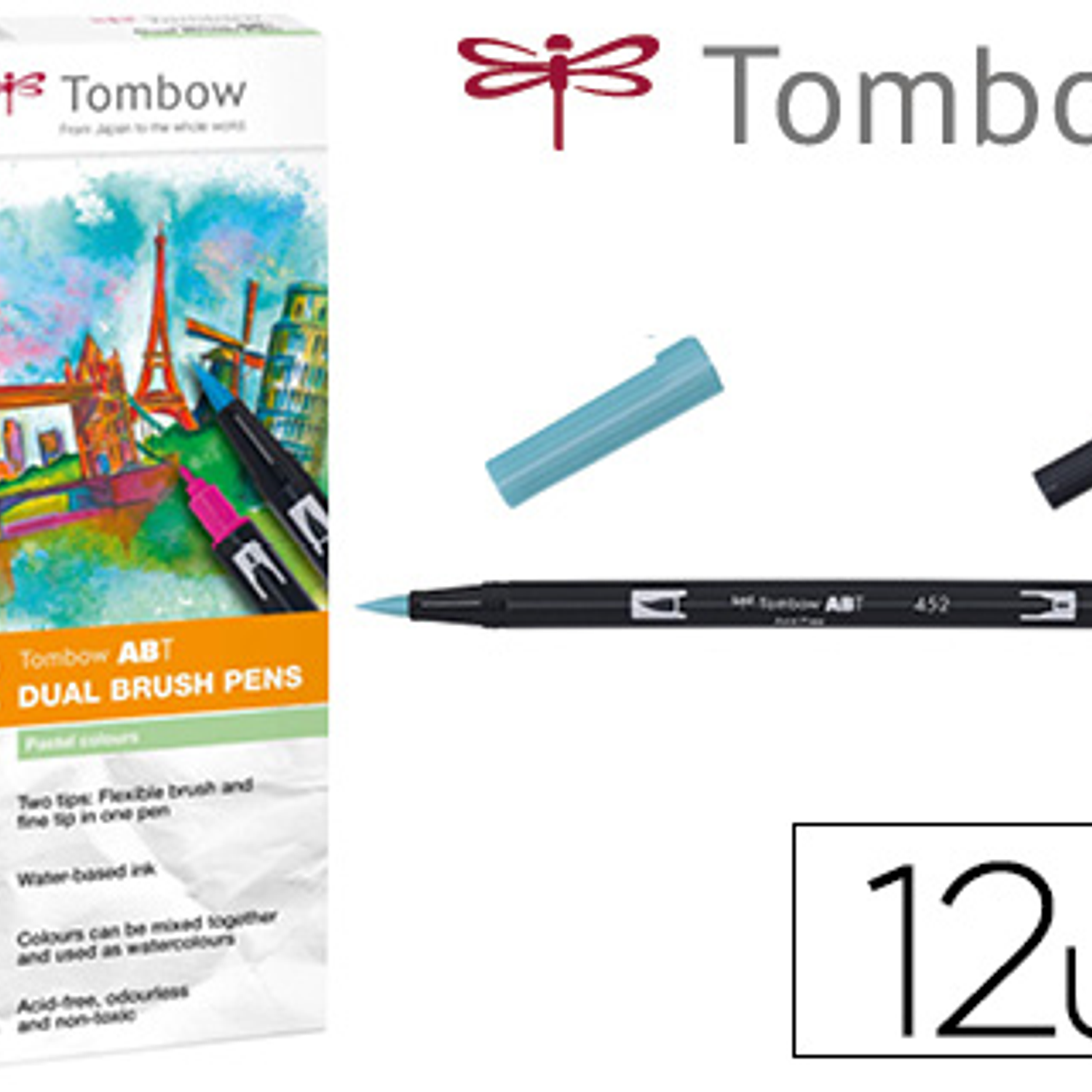 Marcador tombow aguarelavel dupla ponta pincel cores pastel estojo de 12 unidades cores sortidas 1