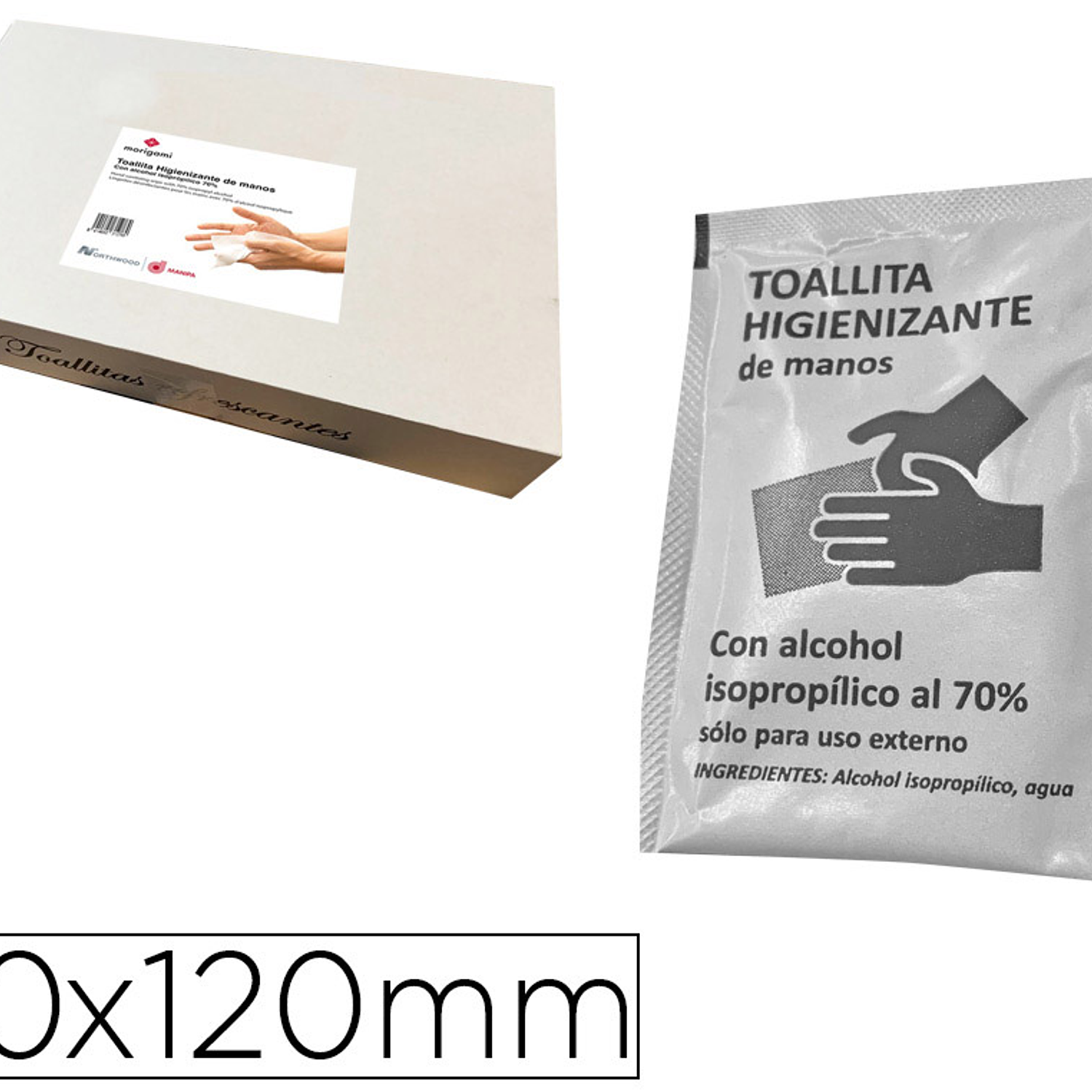 Toalhita higienizante hidroalcoólica para mãos medidas 190 x 120 mm em packs individuais caixa de 500 unidades