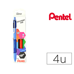 Conjunto com 4 esferograficas pentel izee ponta de 1,0mm retrateis cores azul preto vermelho e verde