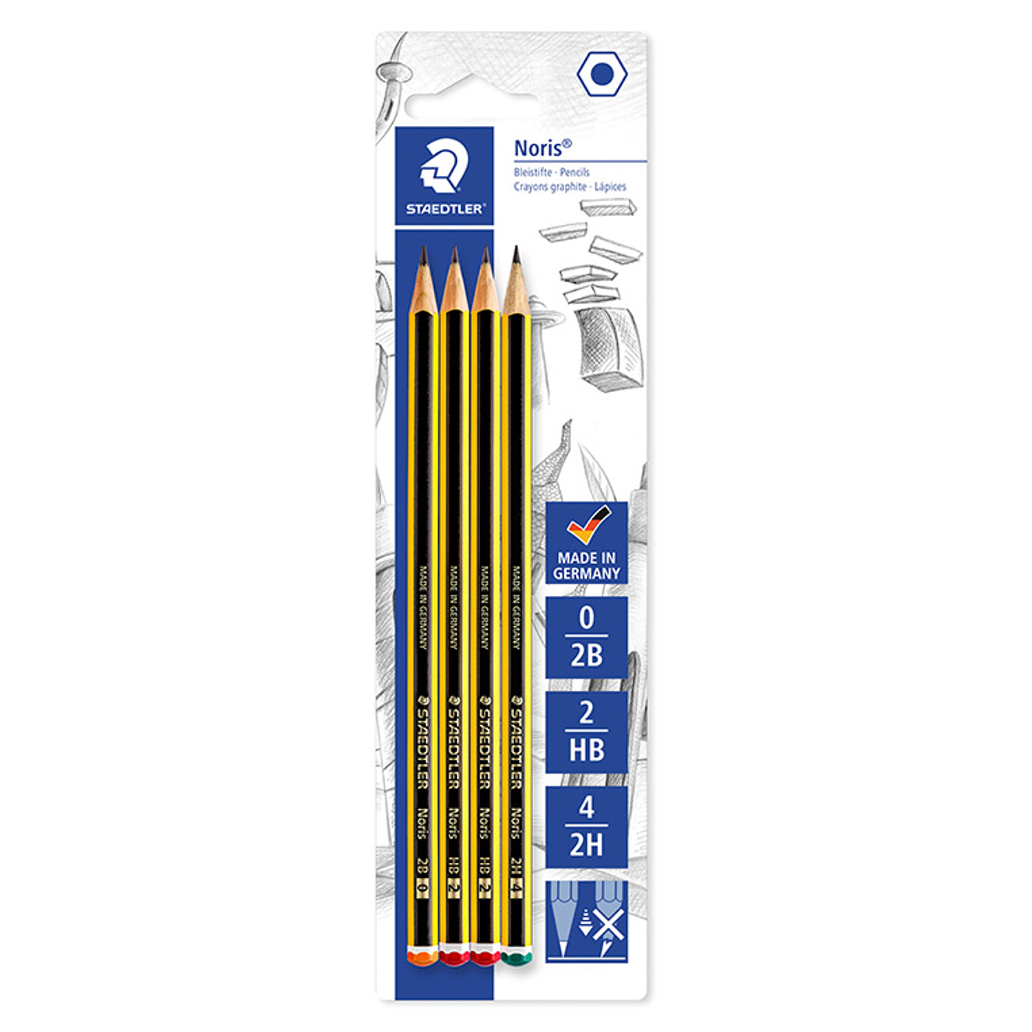 Lapis de grafite staedtler noris blister de 2 unidades nº2 hb + 1 unidade nº0 2b + 1 unidade nº4 2h 6