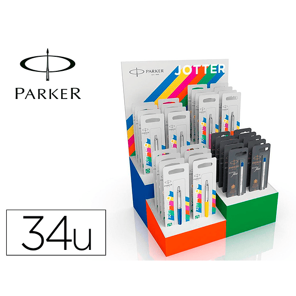 Expositor parker jotter originals em blister com 4 blocos e 34 unidades 24 esferograficas + 4 recargas 2