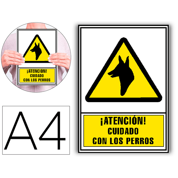 Pictograma archivo 2000 atencao cuidado com os caes pvc amarelo luminiscente 210x297 mm 1