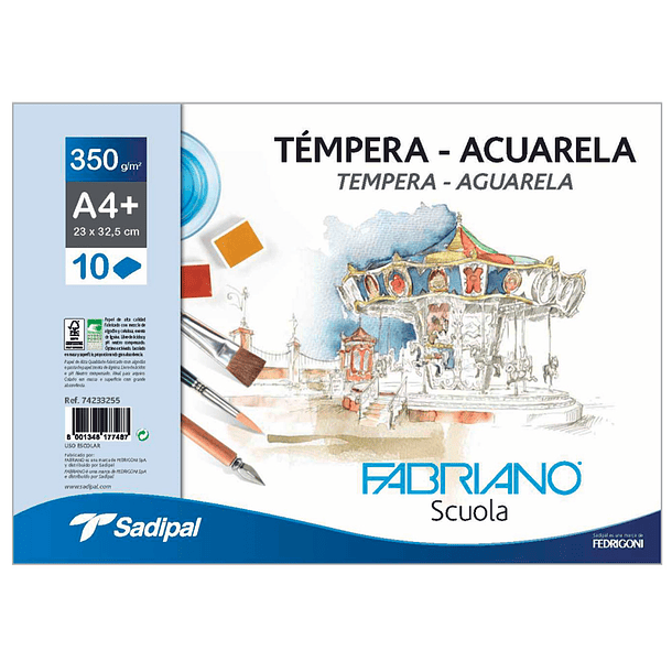 Bloco de desenho aguarela sadipal fabriano colado din a4+ 10 folhas 350 g/m2 grao suave 2