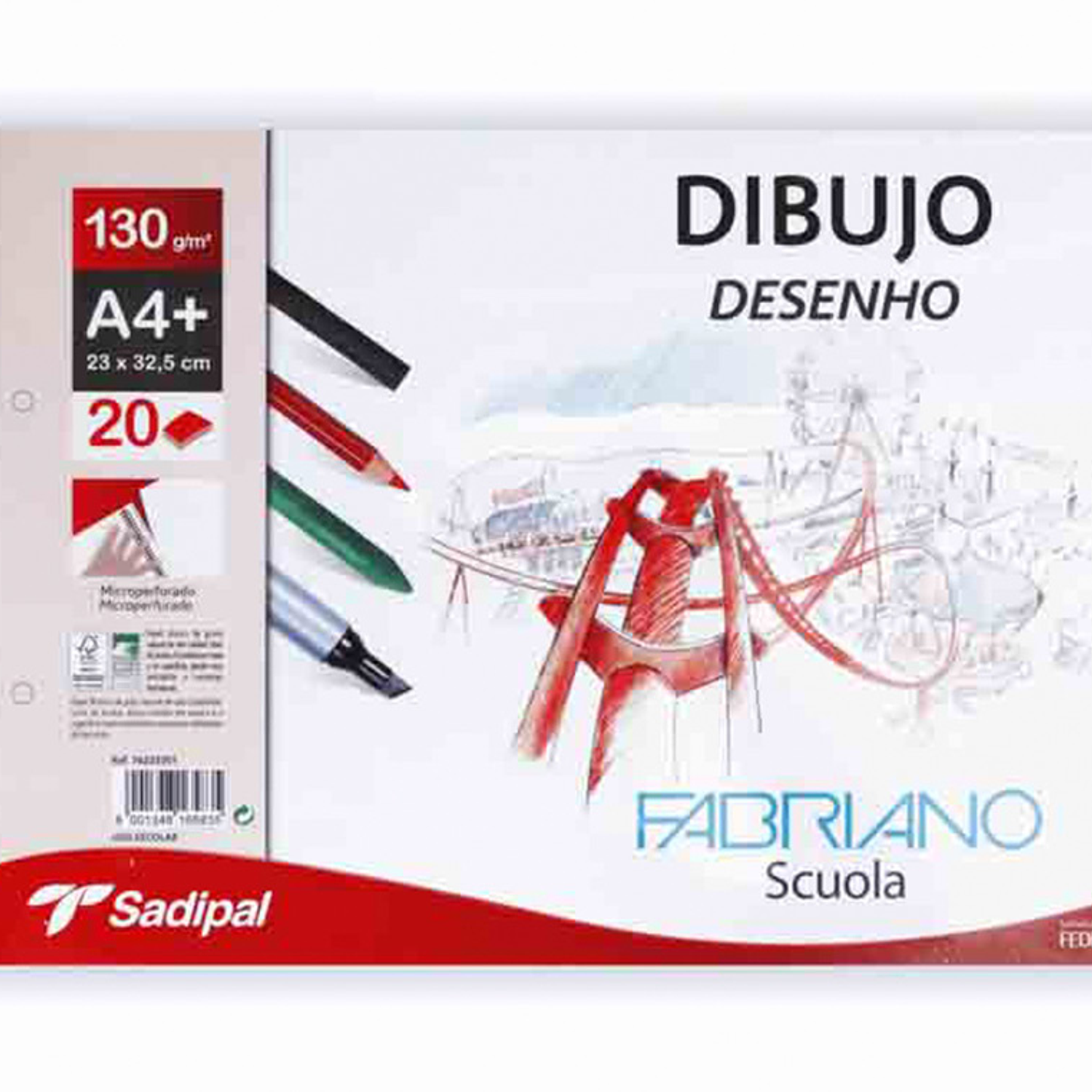 Bloco de desenho sadipal fabriano din a4+ espiral 20 folhas 2 furos 130g/m2 grao suave microperfurado liso 2