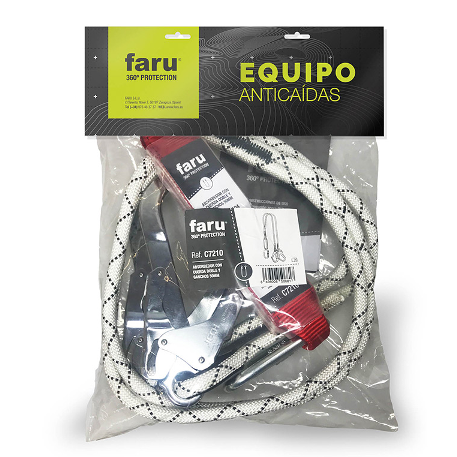 Anti-queda elastico faru bw200 com absorvedor de energia dupla corda mosquetao duplo gancho 50 mm 6