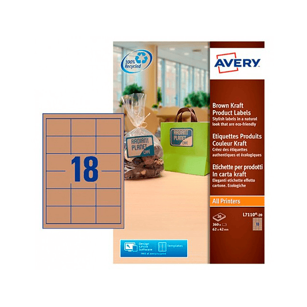 Etiqueta adesiva avery kraft efeito cartao retangular 62x42 mm removivel para laser e tinteiro 1