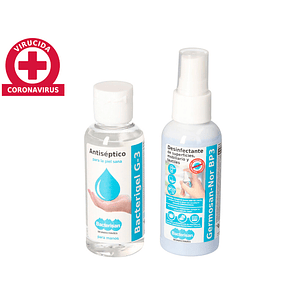 Gel hidroalcoolico higienizante pack bacterigel frasco spray 60 ml + desemfetante de superficies e mobiliario germosan f