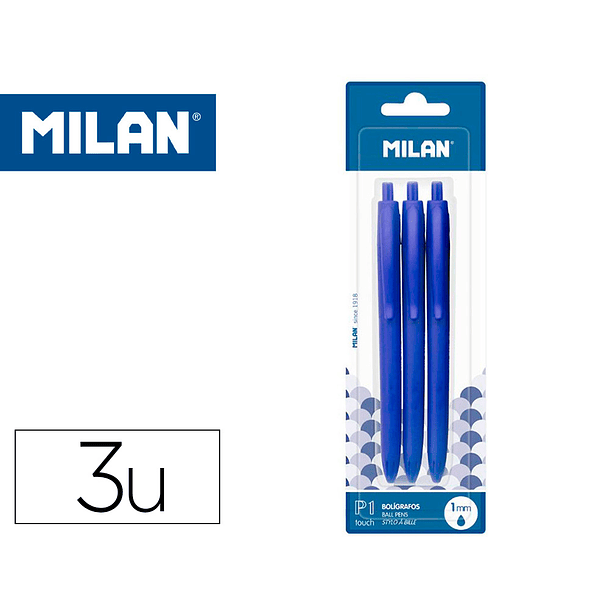 Esferografica milan p1 retratil 1 mm touch azul blister de 3 unidades 1