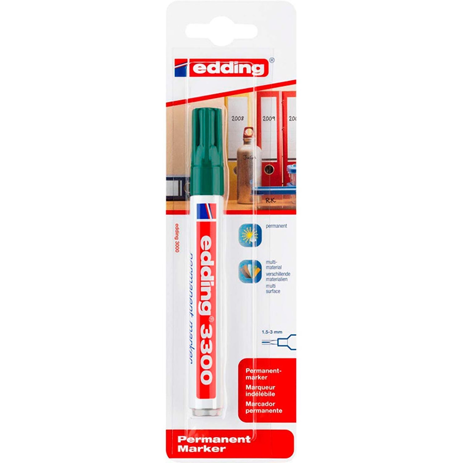 Marcador edding marcador permanente 3000 n.4 verde ponta redonda 1,5-3 mm blister de 1 unidade 1