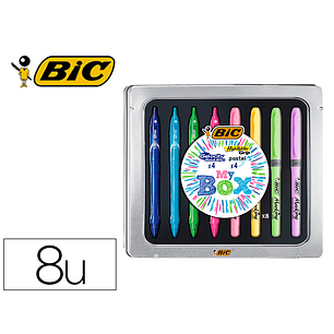 Caixa metalica bic 4 gelocity quick dry cores sortidas + 4 fluor grip cores pastel sortidas