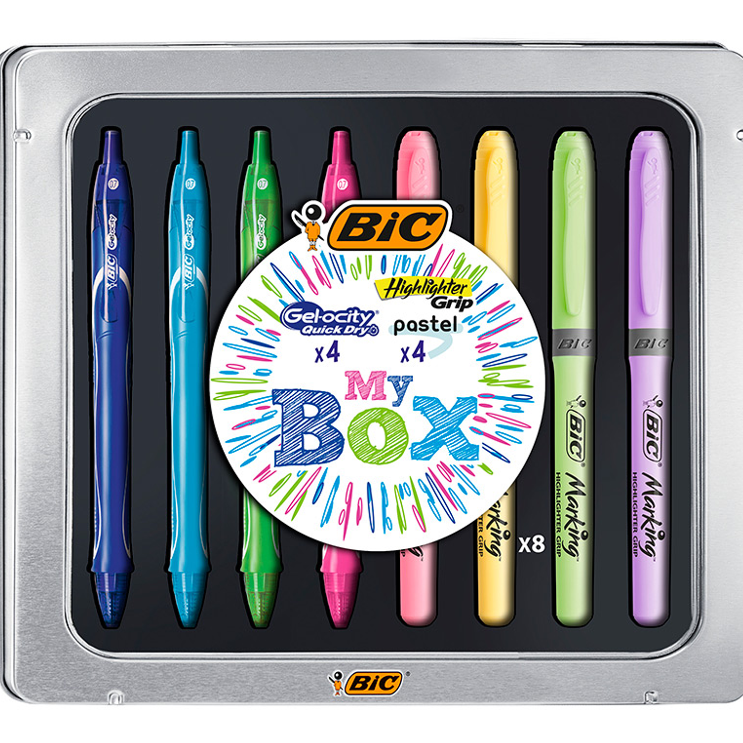 Caixa metalica bic 4 gelocity quick dry cores sortidas + 4 fluor grip cores pastel sortidas 3