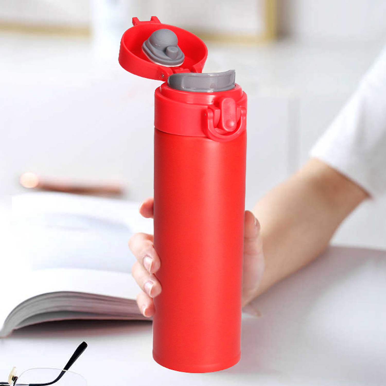 Termo liderpapel aco inoxidavel com dupla cobertura e sistema de abertura facil com botao 330 ml cor vermelho 7