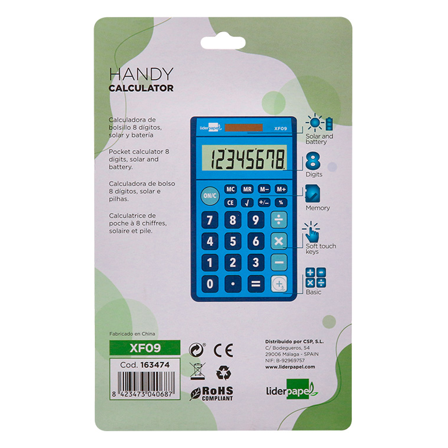 Calculadora liderpapel de bolso xf09 8 digitos solar e pilhas cor azul 115x65x8 mm 5