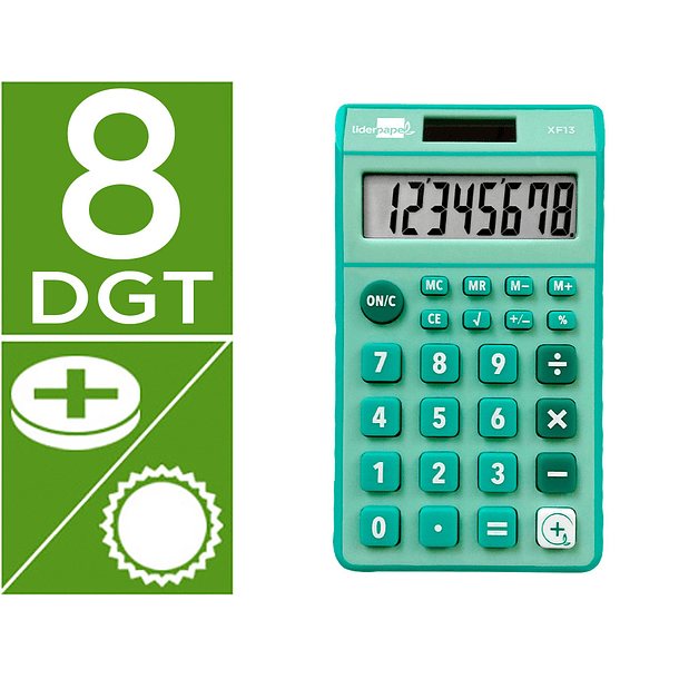 Calculadora liderpapel de bolso xf13 8 digitos solar e pilhas cor verde 115x65x8 mm 2