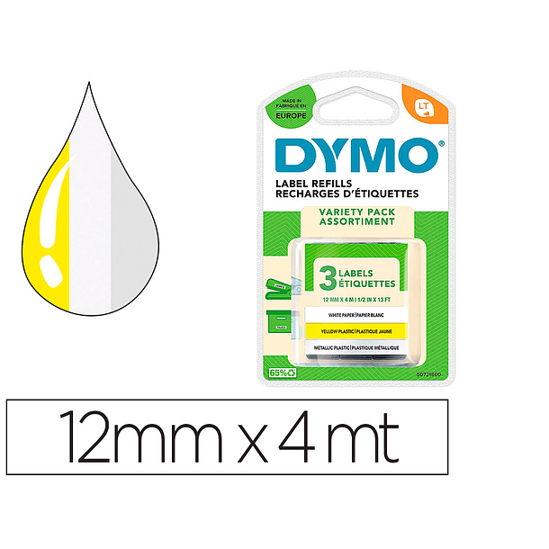 Fita dymo metalizada letratag 12mm x 4mt papel branco/plastico amarelo/metalizada pack de 3 unidades 1