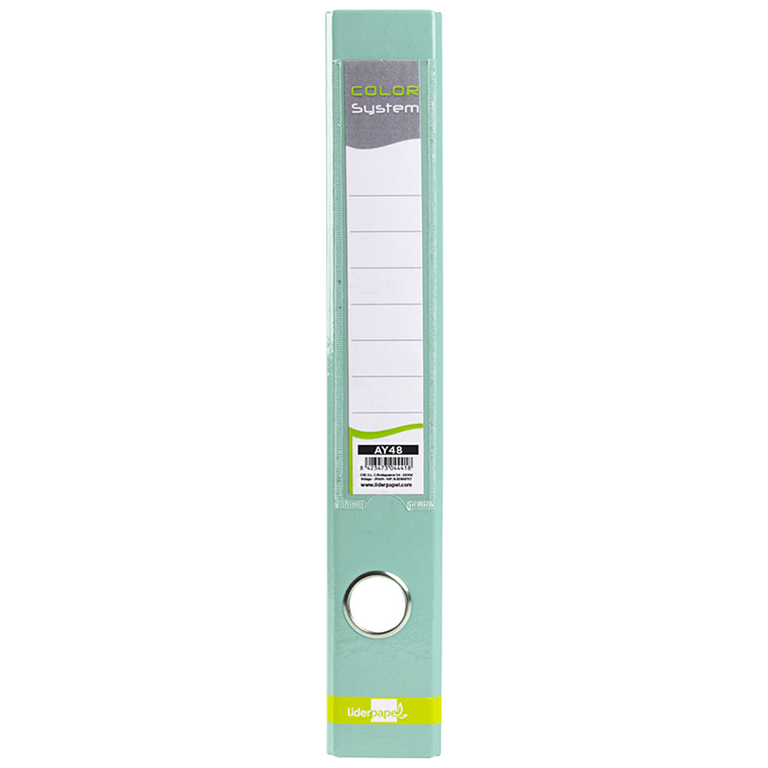 Pasta de arquivo liderpapel color system cartao forrado din a4 2 aneis 25 mm mistos com oculo e porta etiquetas menta 3