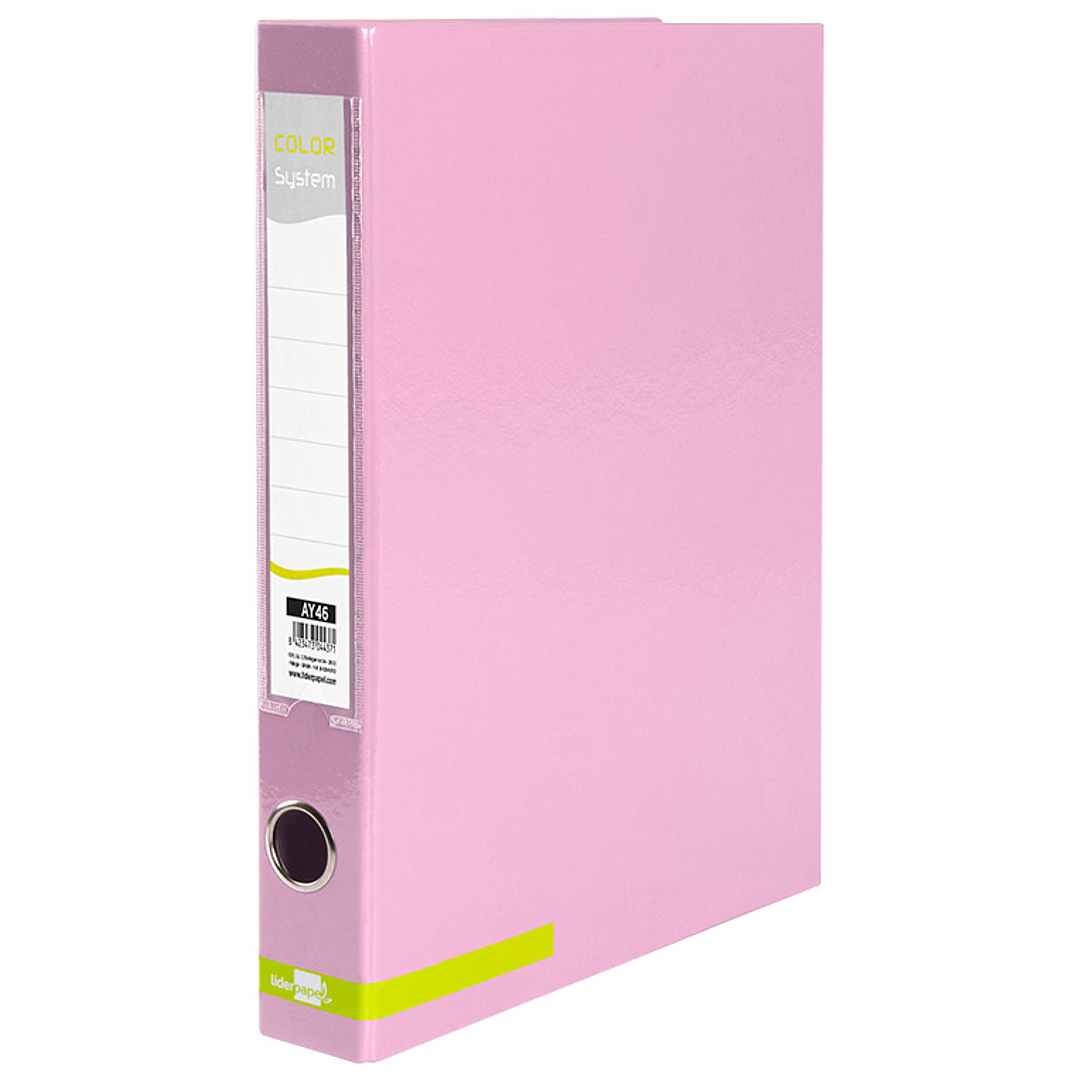 Pasta de arquivo liderpapel color system cartao forrado din a4 2 aneis 25 mm mistos com oculo e porta etiquetas rosa 1