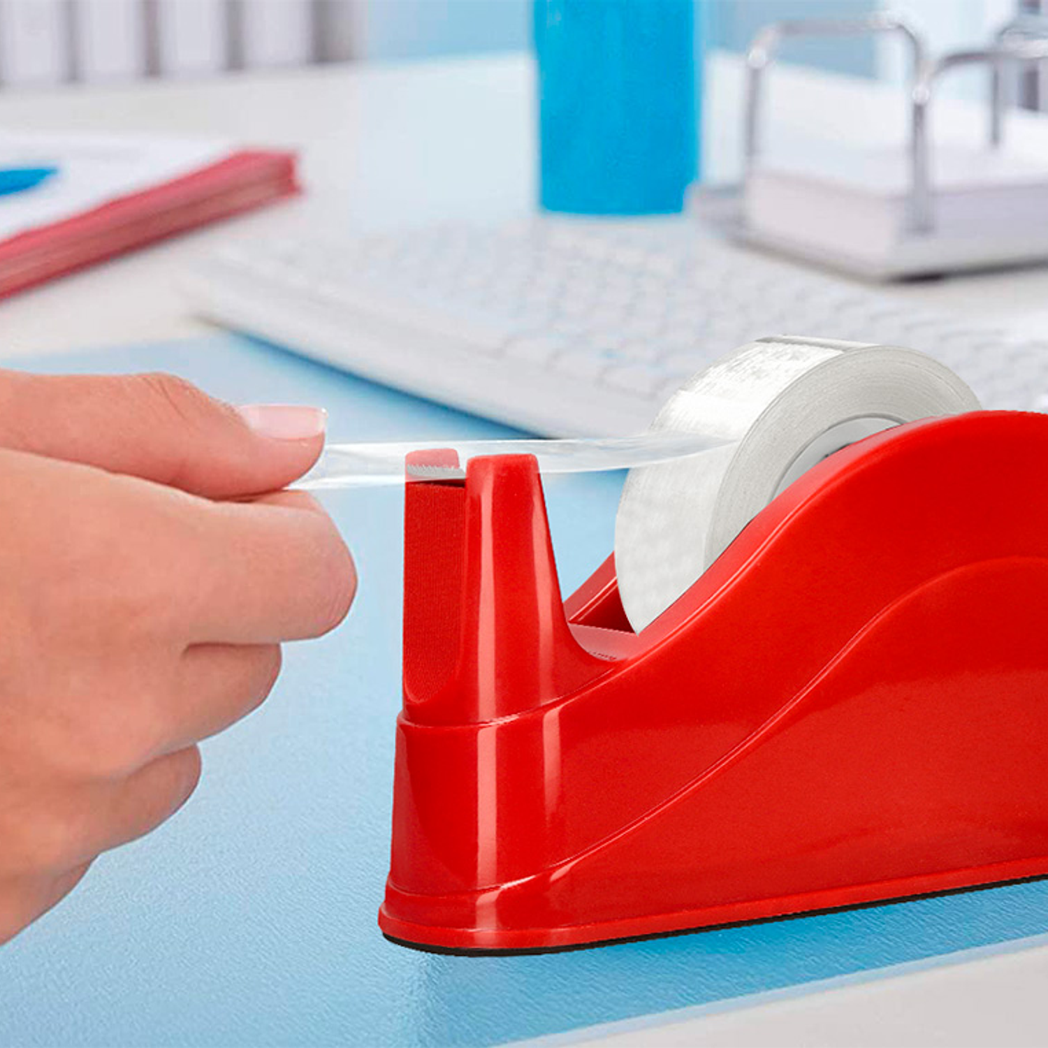 Desenrolador de secretaria q-connect plastico para fitas de 66 mt cor vermelho 220x100x70 mm 7