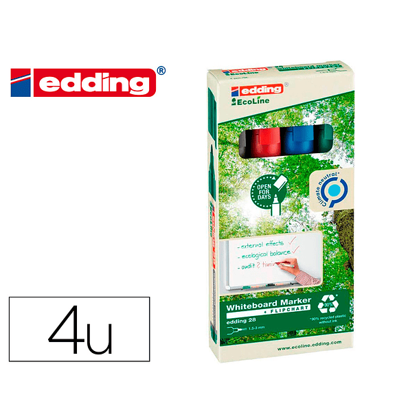 Marcador edding 28 para quadro branco ecoline 90% reciclado bolsa 4 cores sortidas ponta redonda 1,5-3 1