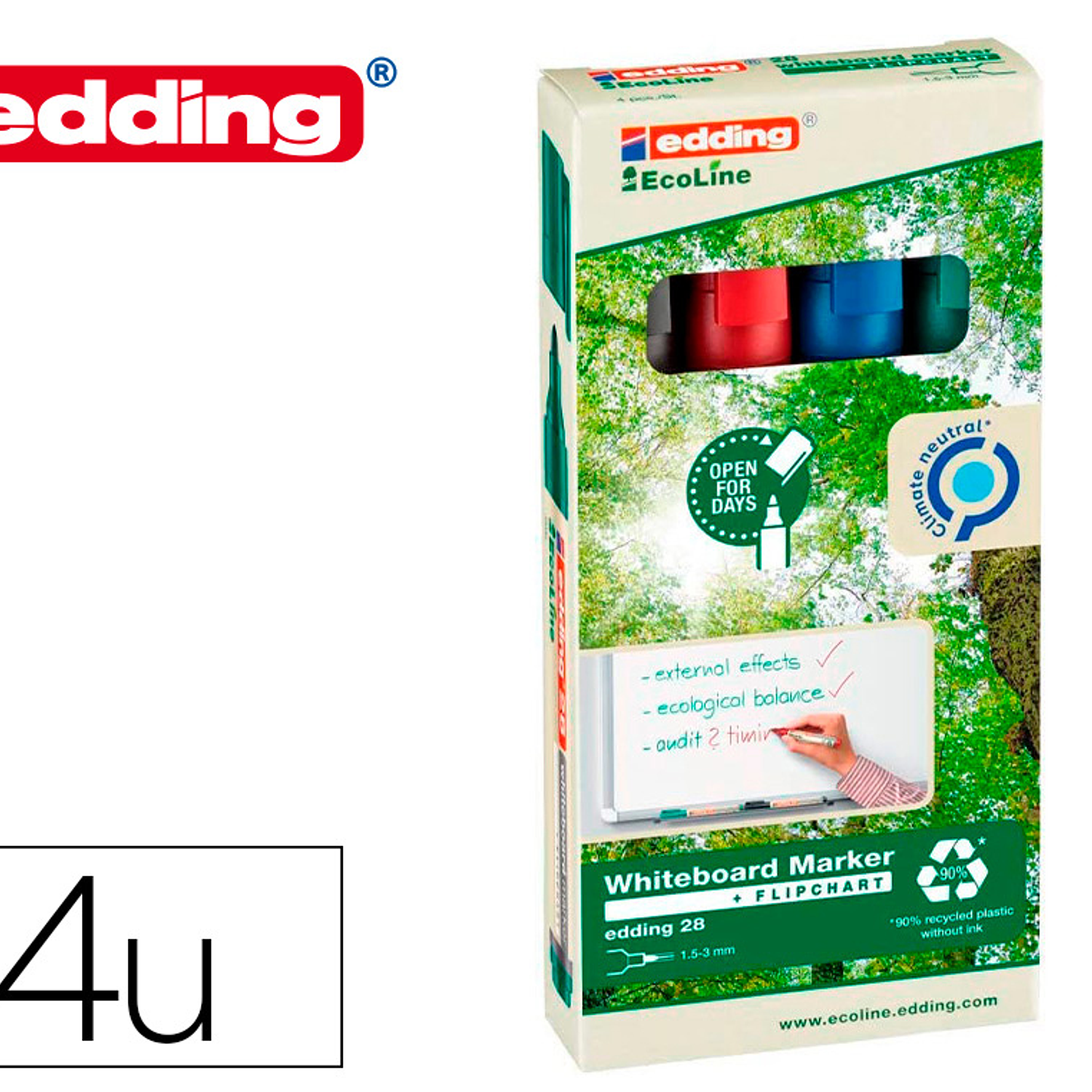 Marcador edding 28 para quadro branco ecoline 90% reciclado bolsa 4 cores sortidas ponta redonda 1,5-3 1