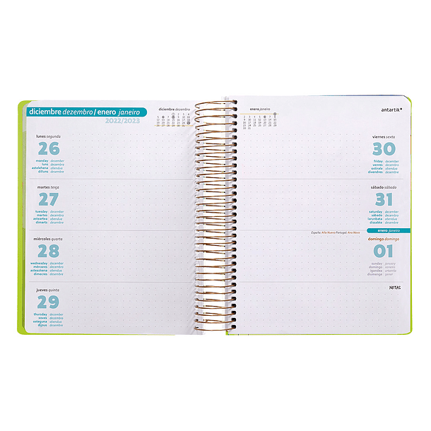 Agenda antartik 2023 semana vista 100 gr com envelope marcador paginas e 3 folhas de autocolantes verde 160x215 mm 12