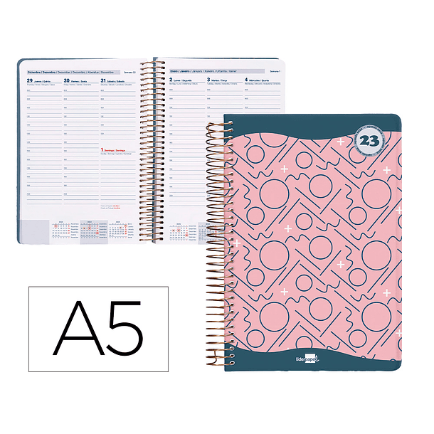 Agenda espiral liderpapel classic a5 2023 semana vista capa polipropileno papel 70 gr cor rosa 1