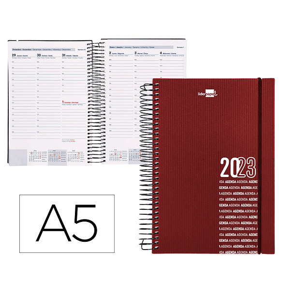 Agenda espiral liderpapel olbia 15x21 cm 2023 semana vista capa polipropileno metalizado bordeaux papel 60 gr 2