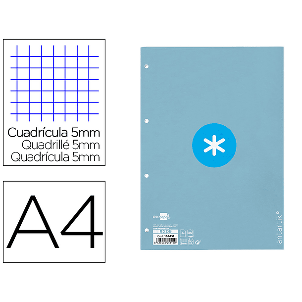 Recarga colada liderpapel antartik quadricula 5mm din a4 80 f 90 gr 4 furos 1 banda moldura cor celeste 2