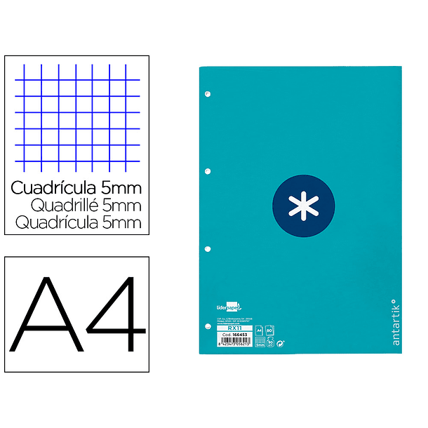 Recarga colada liderpapel antartik quadricula 5mm din a4 80 f 90 gr 4 furos 1 banda moldura cor turquesa 3