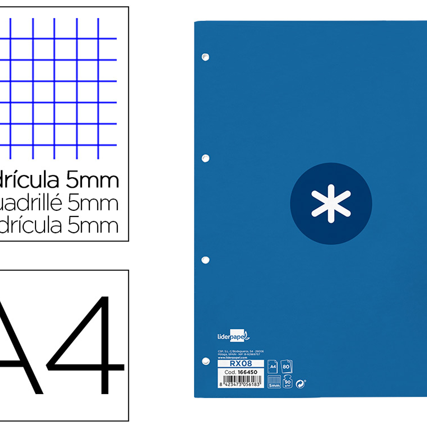 Recarga colada liderpapel antartik quadricula 5mm din a4 80 f 90 gr 4 furos 1 banda moldura cor azul escuro 1