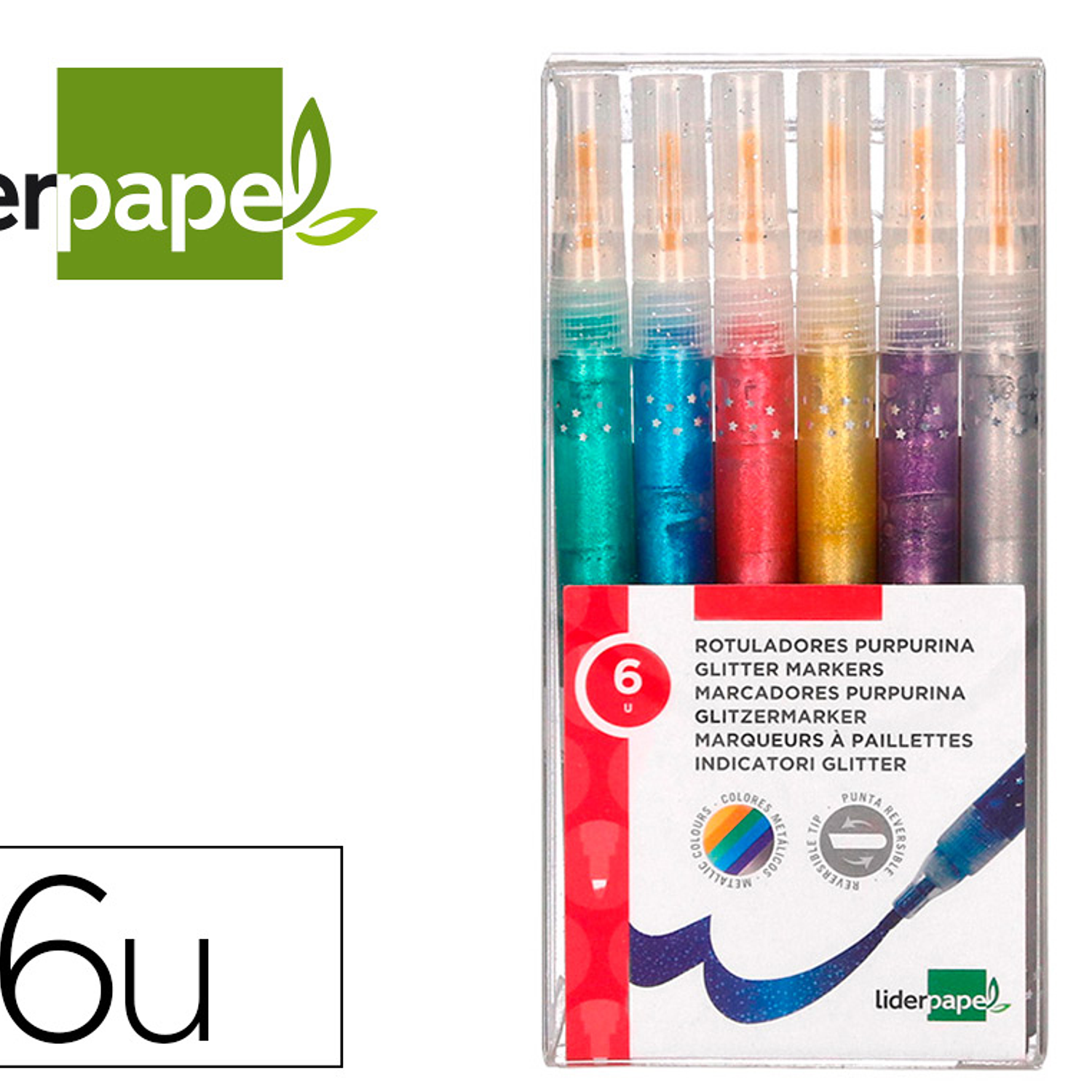 Marcador liderpapel efeito purpurina metalizada dupla ponta caixa de 6 marcadores cores sortidas 2