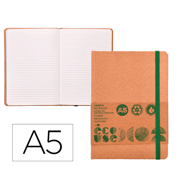 Caderno agrafado liderpapel ecouse 100% reciclado a5 96 folhas 70g/m2 pautado com elastico e marcador paginas 1