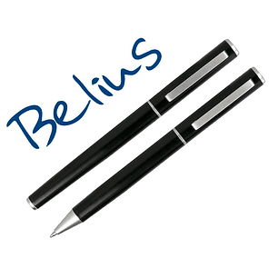 Conjunto esferografica e roller belius norwich corpo preto mate e detalhes cromados acetinados em caixa de oferta