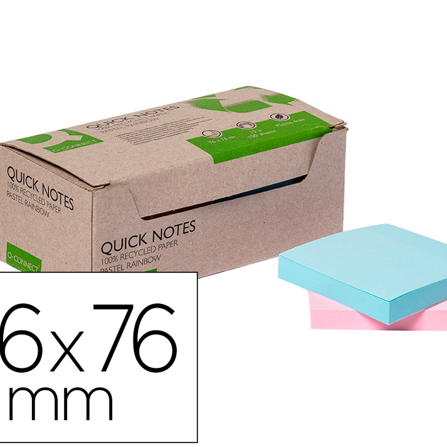 Bloco de notas adesivas q-connect 76x76 mm 100% papel reciclado cores pastel caixa de cartao 2