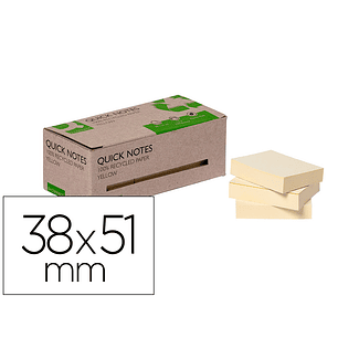 Bloco de notas adesivas q-connect 38x51 mm 100% papel reciclado amarelo caixa de cartao