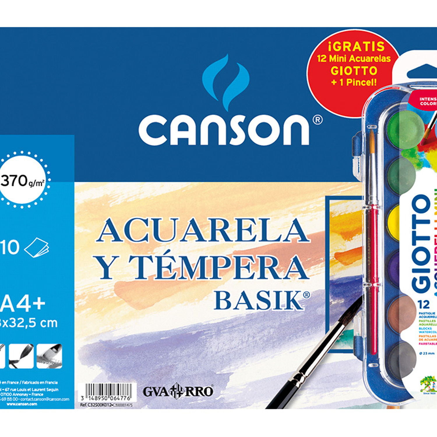 Papel aquarela basik canson din a4+ 23x32,5cm 370 gr pack de 10 folhas + aquarela giotto 12 cores sortidas