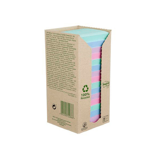 Bloco de notas adesivas post-it 76x76 mm 100% reciclado pefc em torre pack de 16 unidades cores sortidas 3