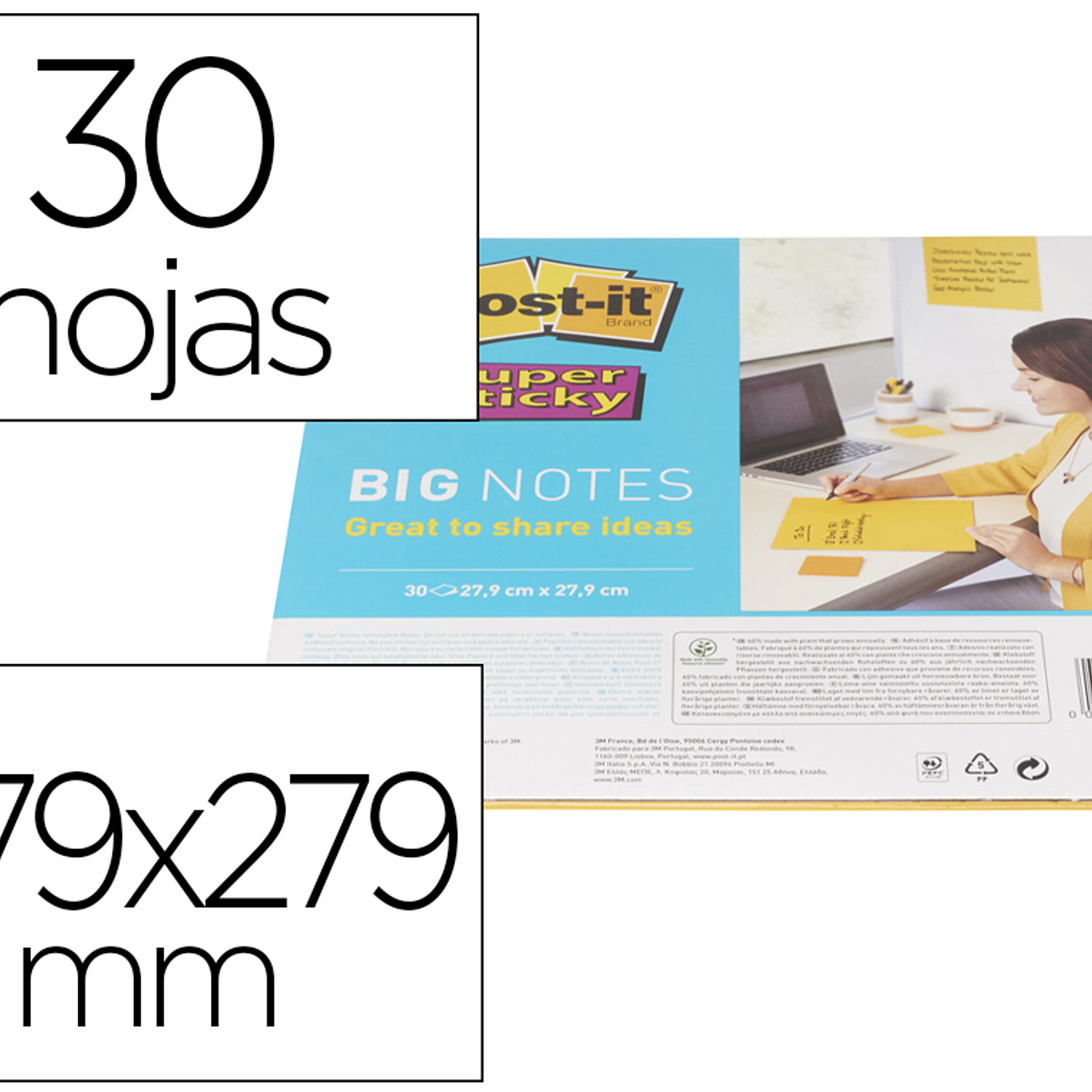 Bloco de notas adesivas post-it super sticky amarelo 30 folhas 279x279 mm