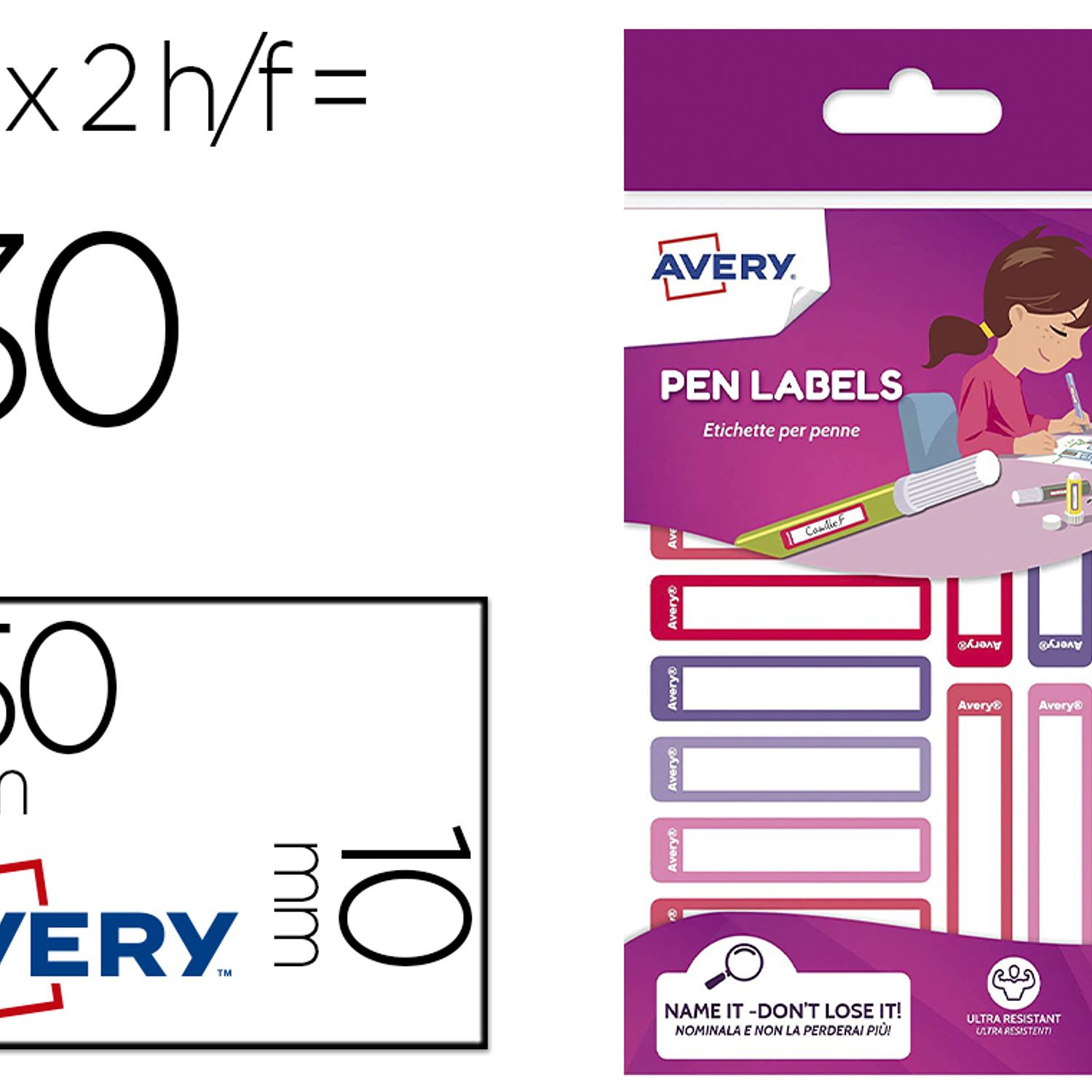 Etiqueta adesiva avery para esferograficas e lapis rosa e violeta 50x10 mm blister de 30 unidades