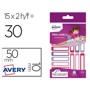 Etiqueta adesiva avery para esferograficas e lapis rosa e violeta 50x10 mm blister de 30 unidades