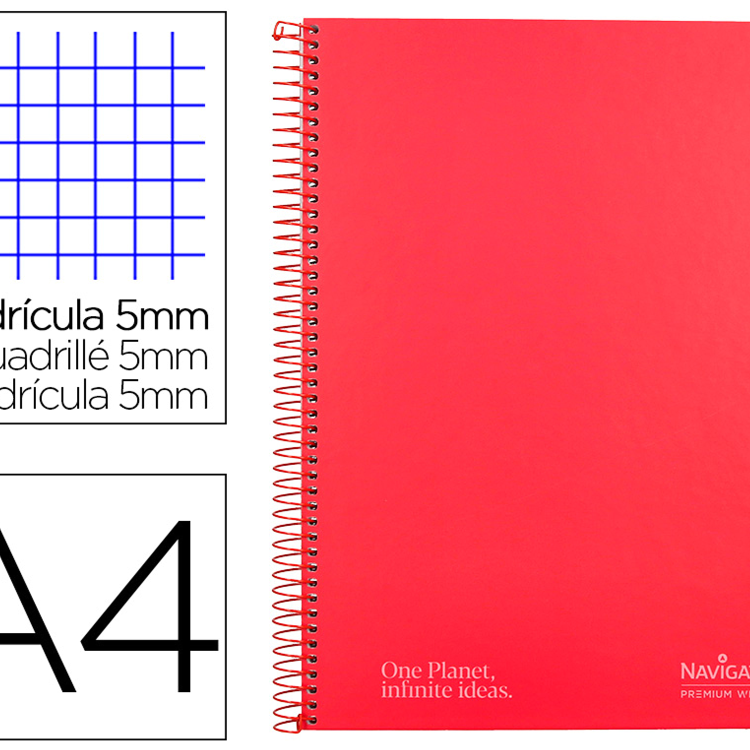 Caderno espiral navigator a4 micro capa forrada 120 f 80 gr quadricula 5mm 5 bandas 4 furos cor vermelho 1