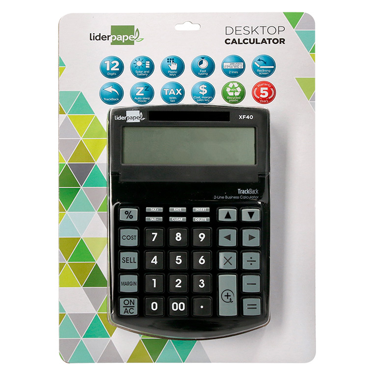 Calculadora liderpapel de secretaria xf40 12 digitos duas linhas solar e pilhas cor preto 175x120x30 mm 40% plastico rec 1